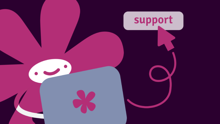 Fördermitglied werden. Zeichnung: Das Maskottchen sitzt an einem Laptop uns lächelt. Daneben steht ein Schriftzug: "Support"
