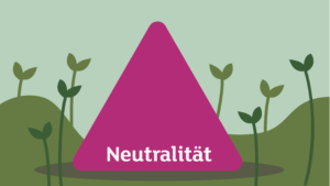 Neutralität: Illustration einer Wiese auf der viele kleine Pflanzen wachsen. In der Mitte steht ein Dreieck auf dem "Neutralität" steht.