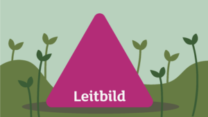 Leitbild: Illustration einer Wiese auf der viele kleine Pflanzen wachsen. In der Mitte steht ein Dreieck auf dem "Leitbild" steht.