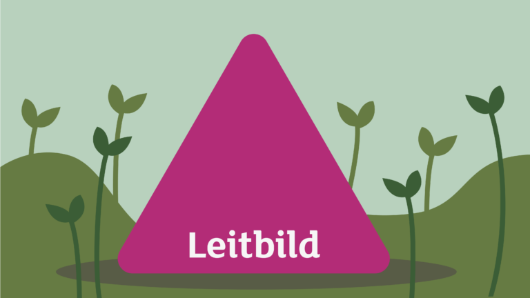 Leitbild: Illustration einer Wiese auf der viele kleine Pflanzen wachsen. In der Mitte steht ein Dreieck auf dem "Leitbild" steht.