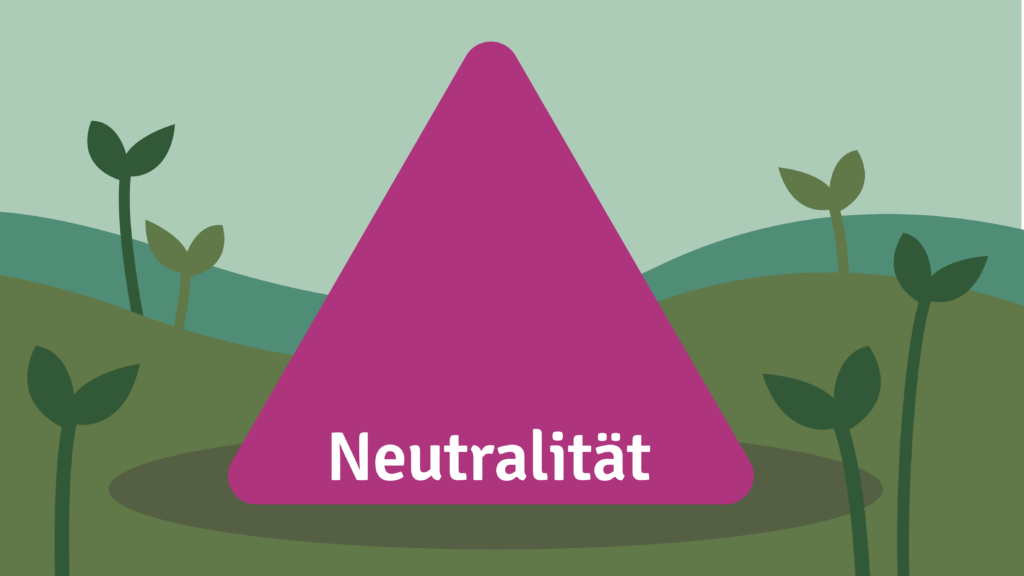 Neutralität: Illustration einer Wiese auf der viele kleine Pflanzen wachsen. In der Mitte steht ein Dreieck auf dem "Neutralität" steht.