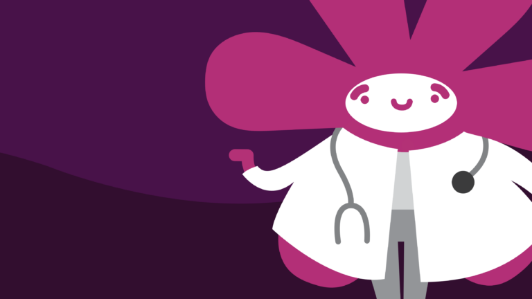 Illustration: Das Maskottchen trägt ein Arzt-Outfit und lächelt.