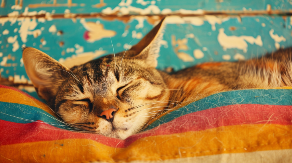 Pets: Cat sleeping on a rainbow colored pillow. By Katha with Pride