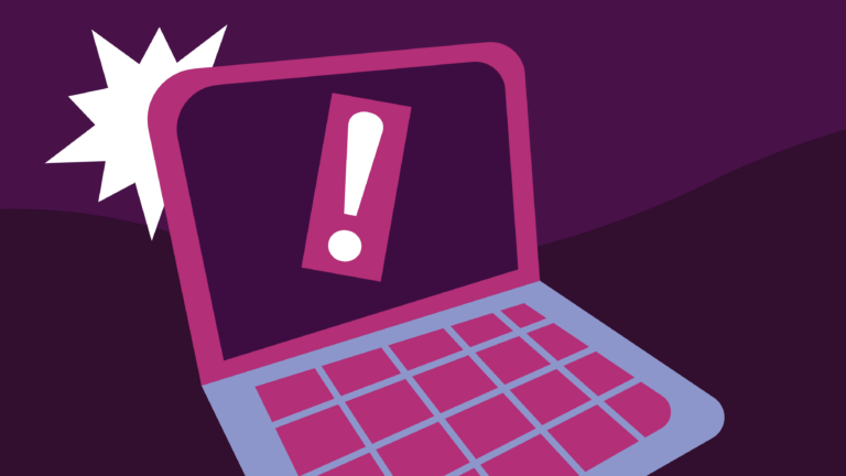 Illustration zeigt einen Laptop mit Ausrufezeichen auf dem Bildschirm.