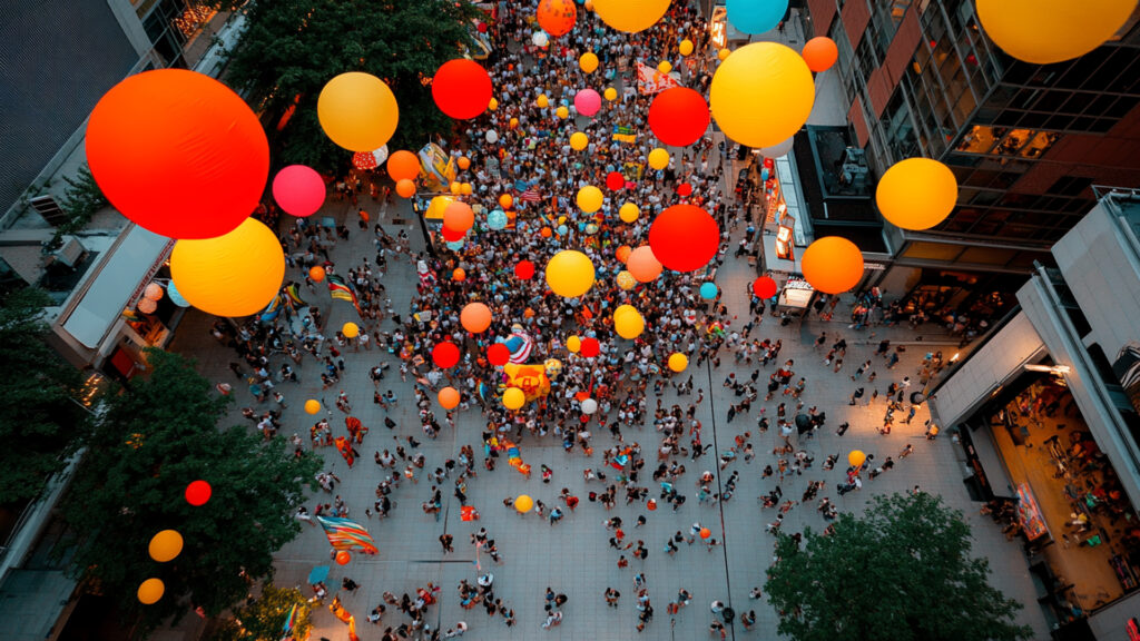 Platz voll mit Menschen. Luftballons steigen auf. Areal view