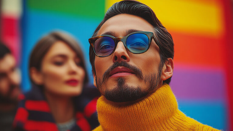 Ein stilisiertes, farbenfrohes Porträt eines selbstbewussten Menschen mit dunklem Bart, blauer Sonnenbrille und einem auffälligen gelben Rollkragenpullover. Im Hintergrund sind zwei unscharf dargestellte Personen, darunter eine Frau mit rotem Lippenstift, vor einer bunten Wand. Das Bild spielt mit Geschlechtsidentität und Geschlechterrollen, indem es traditionelle maskuline und feminine Merkmale kombiniert und fluide Identitätsdarstellungen hervorhebt.