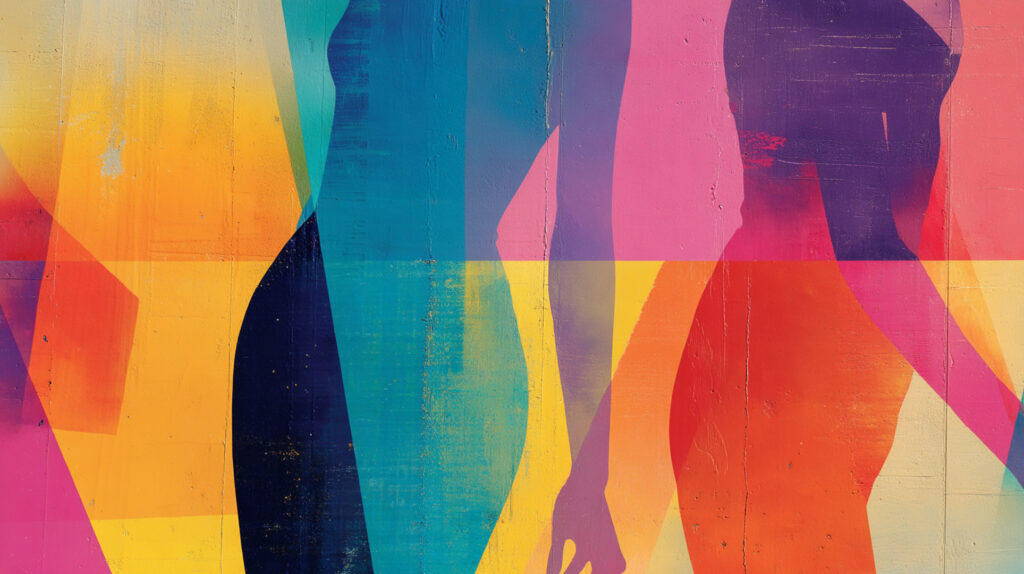 Bunte Schatten von Menschen sind nebeneinander gemalt. Man sieht ihre Körper, aber keine Gesichter. Die Farben sind sehr kräftig: Blau, Rosa, Gelb, Orange. Alles sieht wie eine gemalte Wand aus.

Lebendige, abstrahierte Darstellung menschlicher Körperformen in kräftigen Farben wie Pink, Gelb, Blau und Orange. Die Silhouetten sind übereinandergelegt, teils durchsichtig und ohne erkennbare Geschlechterzuordnung. Die Komposition vermittelt ein Gefühl von Vielfalt, Körperlichkeit und Identität jenseits binärer Zuschreibungen – ein visuelles Statement für queere Körpervielfalt und Sichtbarkeit.

