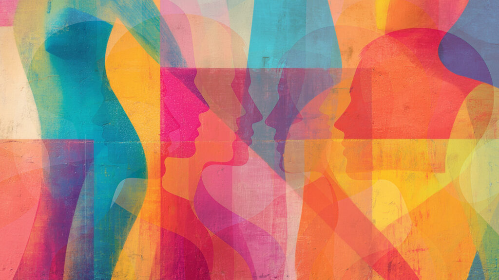 Viele bunte Köpfe und Körper sind nebeneinander und übereinander gemalt. Man sieht sie von der Seite. Die Farben sind kräftig und vermischen sich: Gelb, Rot, Blau, Pink. Alles sieht freundlich und fröhlich aus. Abstrakte Darstellung von vielfältigen menschlichen Silhouetten in leuchtenden Farben wie Pink, Blau, Gelb und Orange. Die Köpfe blicken einander zu oder in unterschiedliche Richtungen. Die Überlagerungen der Farben symbolisieren Vielfalt, Identität und Zusammengehörigkeit – ein visuelles Statement für queere Sichtbarkeit und gegenseitigen Respekt.