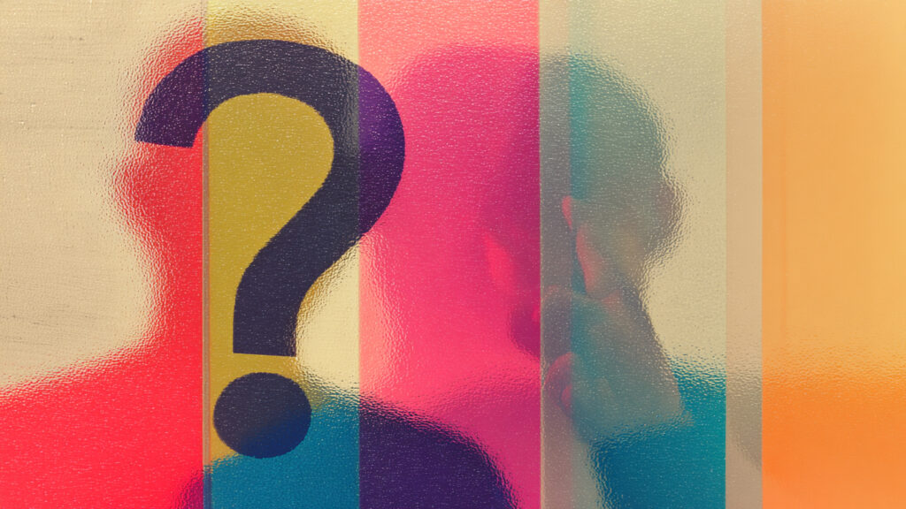 Nichtbinär und Hormone - Was tun? Großes Fragezeichen, Menschen in schemenhafter Gestalt
