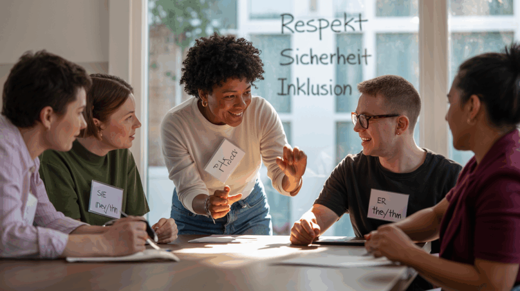 Fünf Personen sitzen an einem Tisch in einem hellen Raum und unterhalten sich. Eine Person steht und spricht gestikulierend, während die anderen zuhören und lächeln. Sie tragen Namensschilder mit Pronomen wie ‚sie/they‘, ‚er/they‘ und ‚Pat‘. Auf der Fensterscheibe im Hintergrund stehen die Worte ‚Respekt‘, ‚Sicherheit‘ und ‚Inklusion‘.