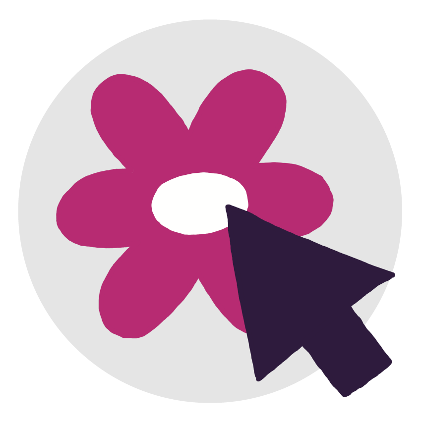 Computer Cursor der auf eine Blume klickt. Blume sieht aus wie eine vereinfachte Version des Maskottchens.