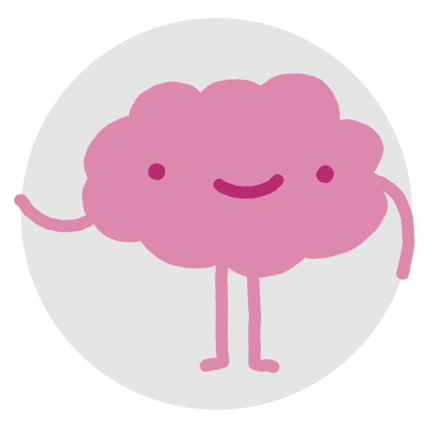 Illustration einer Comic Figur, die ein kleines Gehirn mit Gesicht, Armen und Beinen ist. Lächelt freundlich und winkt.