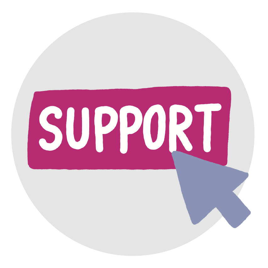 Illustration: Computer Cursor klickt auf einen Butten auf dem "Support" steht.