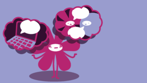Illustration des dgti-Maskottchen (einer Figur mit Blumenblättern als Körper), die über digitale Psychotherapie nachdenkt. In Sprechblasen erscheinen Symbole für Online-Therapie am Laptop und persönliche Gespräche. Die Grafik visualisiert Chancen und Herausforderungen von digitaler Psychotherapie für trans*, inter* und nicht-binäre Menschen.