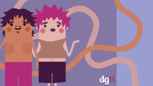 Illustration zweier stilisierter Personen mit rosa Wangen vor lila Hintergrund. Eine Person hat dunkles Haar, Bartansatz und nackten Oberkörper, die andere pinkes Haar, trägt ein ärmelloses Oberteil und hebt fragend die Hand. Im Hintergrund verlaufen geschwungene Linien. Unten rechts das Logo der dgti e. V.