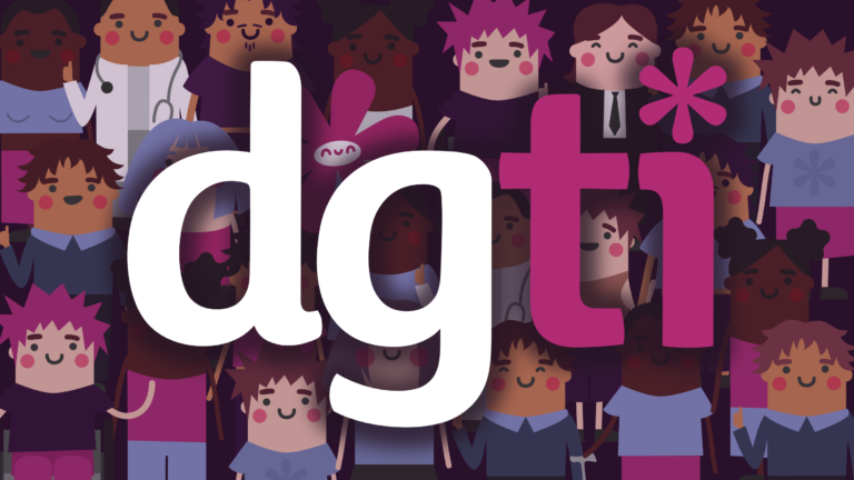 Im Vordergrund: Das Logo der dgti. Im Hintergrund: Eine Menschenmenge. Die Personen haben verschiedene Hautfarben, verschiedene Berufe und Kleidung. Alle lachen fröhlich. In ihrer Mitte steht das Maskottchen der dgti.