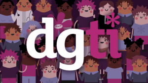 Im Vordergrund: Das Logo der dgti. Im Hintergrund: Eine Menschenmenge. Die Personen haben verschiedene Hautfarben, verschiedene Berufe und Kleidung. Alle lachen fröhlich. In ihrer Mitte steht das Maskottchen der dgti.