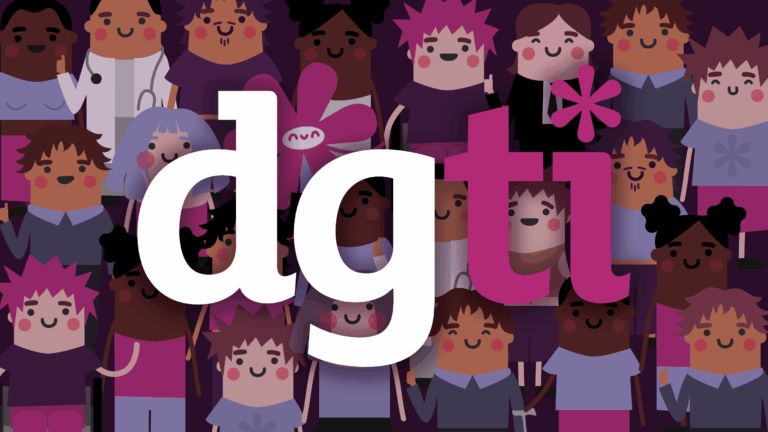 Im Vordergrund: Das Logo der dgti. Im Hintergrund: Eine Menschenmenge. Die Personen haben verschiedene Hautfarben, verschiedene Berufe und Kleidung. Alle lachen fröhlich. In ihrer Mitte steht das Maskottchen der dgti.