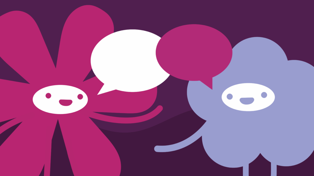 Illustration: Das Maskottchen der dgti sitz einer anderen Blumen-Comic Figur gegenüber. Über ihnen zu sehen sind zwei Sprechblasen. Beide blicken fröhlich.