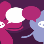 Peer to Peer Beratung Aus- und Fortbildung für trans*Beratende Illustration: Das Maskottchen der dgti sitz einer anderen Blumen-Comic Figur gegenüber. Über ihnen zu sehen sind zwei Sprechblasen. Beide blicken fröhlich.