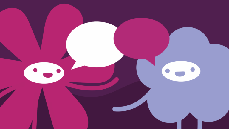 Peer to Peer Beratung Aus- und Fortbildung für trans*Beratende Illustration: Das Maskottchen der dgti sitz einer anderen Blumen-Comic Figur gegenüber. Über ihnen zu sehen sind zwei Sprechblasen. Beide blicken fröhlich.