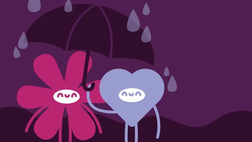 Das Maskottchen der dgti und und eine hellviolette herzförmige Figur stehen im Regen. Die herzförmige Figur hält einen großen schwarzen Regenschirm, der beide schützt. Um sie herum fallen dunkelviolette Regentropfen vor einem dunklen Hintergrund. Beide Figuren haben einfache, freundliche Gesichter.