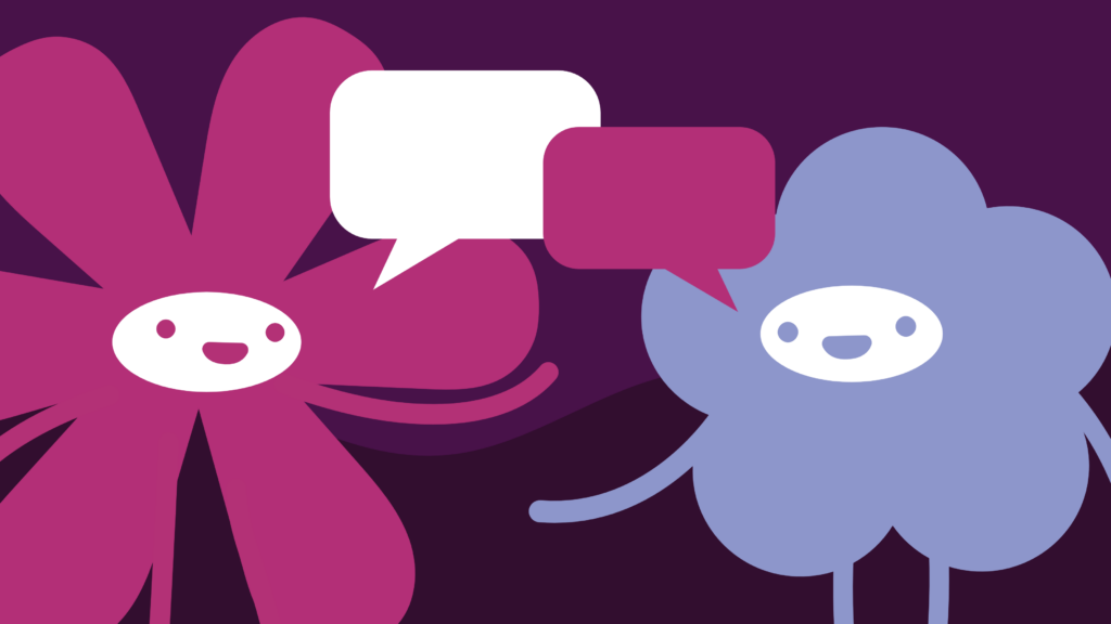 Peer to Peer Beratung Aus- und Fortbildung für trans*Beratende Illustration: Das Maskottchen der dgti sitz einer anderen Blumen-Comic Figur gegenüber. Über ihnen zu sehen sind zwei Sprechblasen. Beide blicken fröhlich.