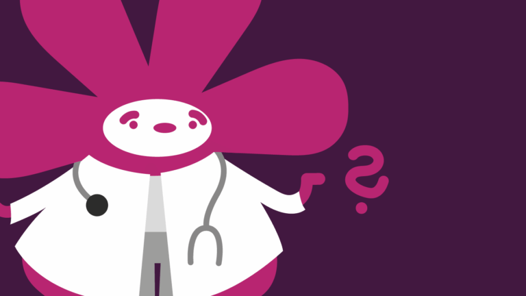 Ein stilisiertes Maskottchen mit großer blütenförmiger Kopfform steht vor dunkelviolettem Hintergrund. Die Figur trägt einen weißen Arztkittel und ein Stethoskop. Der Ausdruck wirkt fragend. Rechts schwebt ein Fragezeichen in derselben Magentafarbe wie die Blütenform.