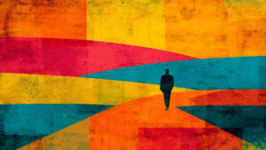 ChatGPT:Das Bild zeigt eine stilisierte, farbintensive Illustration einer Person, die allein auf einem verschlungenen Weg steht. Der Hintergrund besteht aus großen, abstrakten Farbflächen in warmen Gelb-, Rot- und Orangetönen, die von kühlen Blau- und Türkisbahnen durchzogen werden. Die Silhouette der Person ist dunkel und kontrastiert stark mit den leuchtenden Farben. Die Szene vermittelt den Eindruck eines symbolischen Weges oder einer persönlichen Reise in einer vieldeutigen, surrealen Landschaft.