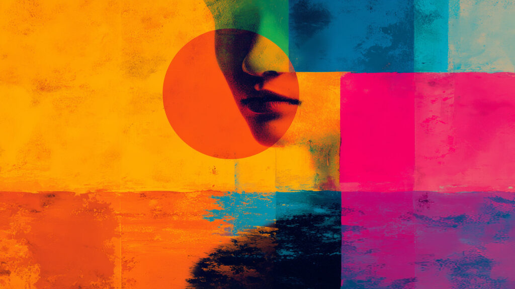 Abstraktes, buntes Digitalgemälde mit kräftigen Farbflächen in Gelb, Orange, Pink und Blau. In der Mitte ist ein halb verdeckter Ausschnitt eines menschlichen Gesichts zu erkennen, vor allem Nase und Mund. Der Gesichtsausschnitt liegt in einem runden, orangefarbenen Kreis, der wie ein grafisches Element wirkt und die Bildfläche überlagert.