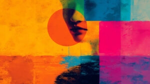 Abstraktes, buntes Digitalgemälde mit kräftigen Farbflächen in Gelb, Orange, Pink und Blau. In der Mitte ist ein halb verdeckter Ausschnitt eines menschlichen Gesichts zu erkennen, vor allem Nase und Mund. Der Gesichtsausschnitt liegt in einem runden, orangefarbenen Kreis, der wie ein grafisches Element wirkt und die Bildfläche überlagert.