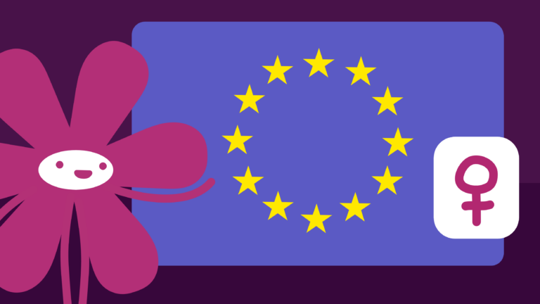 EU: Illustration: Das Maskottchen zeigt lächelnd auf eine EU Flagge. Rechts an der Flagge ist das Symbol für "Frau".