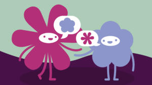 Pronomen retten Leben: Zeichnung: Das Maskottchen (ein pinker Genderstern) grüßt eine blaue Wolke mit einer Sprechblase, die auch eine blaue Wolke zeigt. Die Blaue Wolke grüßt das Maskottchen mit einer Sprechblase, die einen pinken Genderstern zeigt.