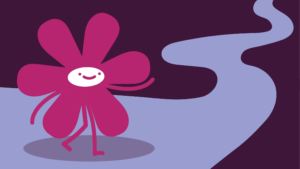 Zeichnung: Das Maskottchen der dgti beginnt auf einem langen Weg zu laufen. 