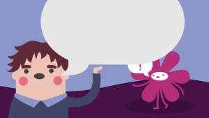 Die unsichtbare Gefahr: Wenn Expert*innen Deutungshoheit über marginalisierte Gruppen missbrauchen: zeichnung: Im Vordergrund ein Mensch der spricht mit einer riesigen Sprechblase. Im Hintergrund das Maskottchen der dgti mit einer Sprechblase, die ein Ausrufezeichen zeigt, das aber fast von der anderen Sprechblase verdeckt wird.