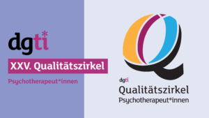 Links Logo der dgti uns Text: XXV. Qualitätszirkel Psychotherapeut*innen. Rechts: Logo des Qualitätszirkels Psychotherapeut*innen.