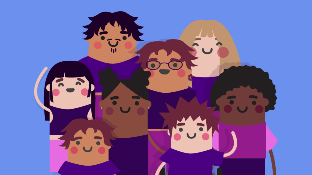 Illustration einer Gruppe junger diverser Menschen die fröhlich aussehen und winken.