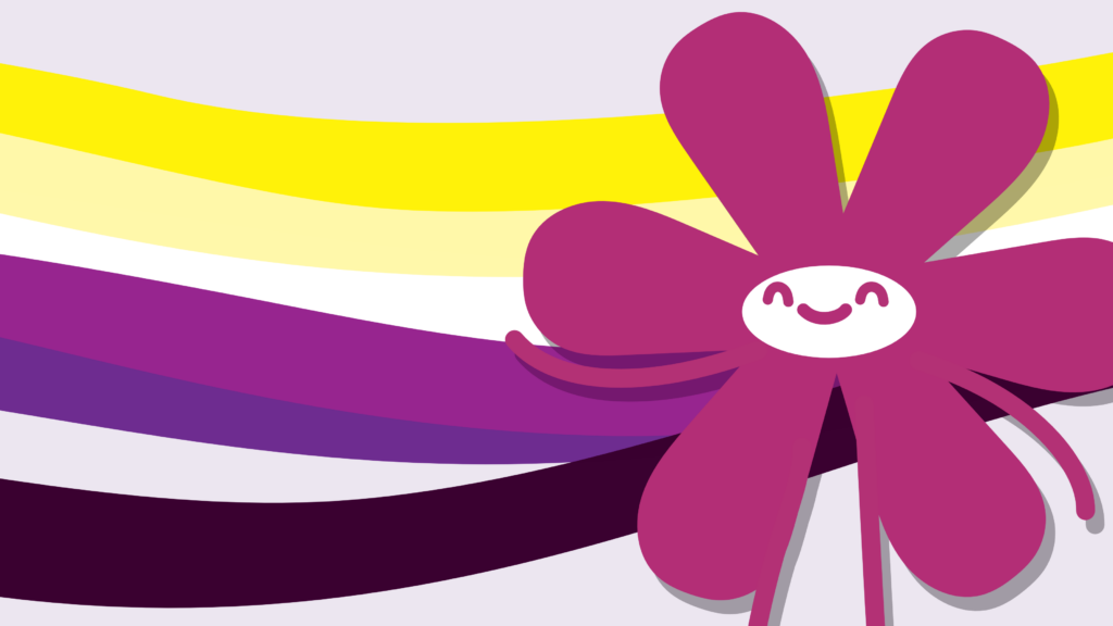 Maskottchen steht im Vordergrund und lächelt. Im Hintergrund sind die Farben der nicht-binären Flagge.