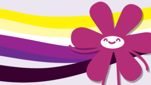 Maskottchen steht im Vordergrund und lächelt. Im Hintergrund sind die Farben der nicht-binären Flagge.