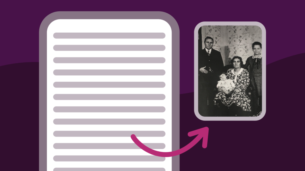 Links Illustration eines Dokuments. Daneben eine alte schwarzweiß Fotografie einer Familie.